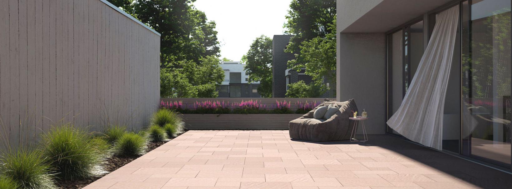 Rünz & Hoffend Living Moments Terrassenplatten sand-nuanciert Terrasse mit Sessel